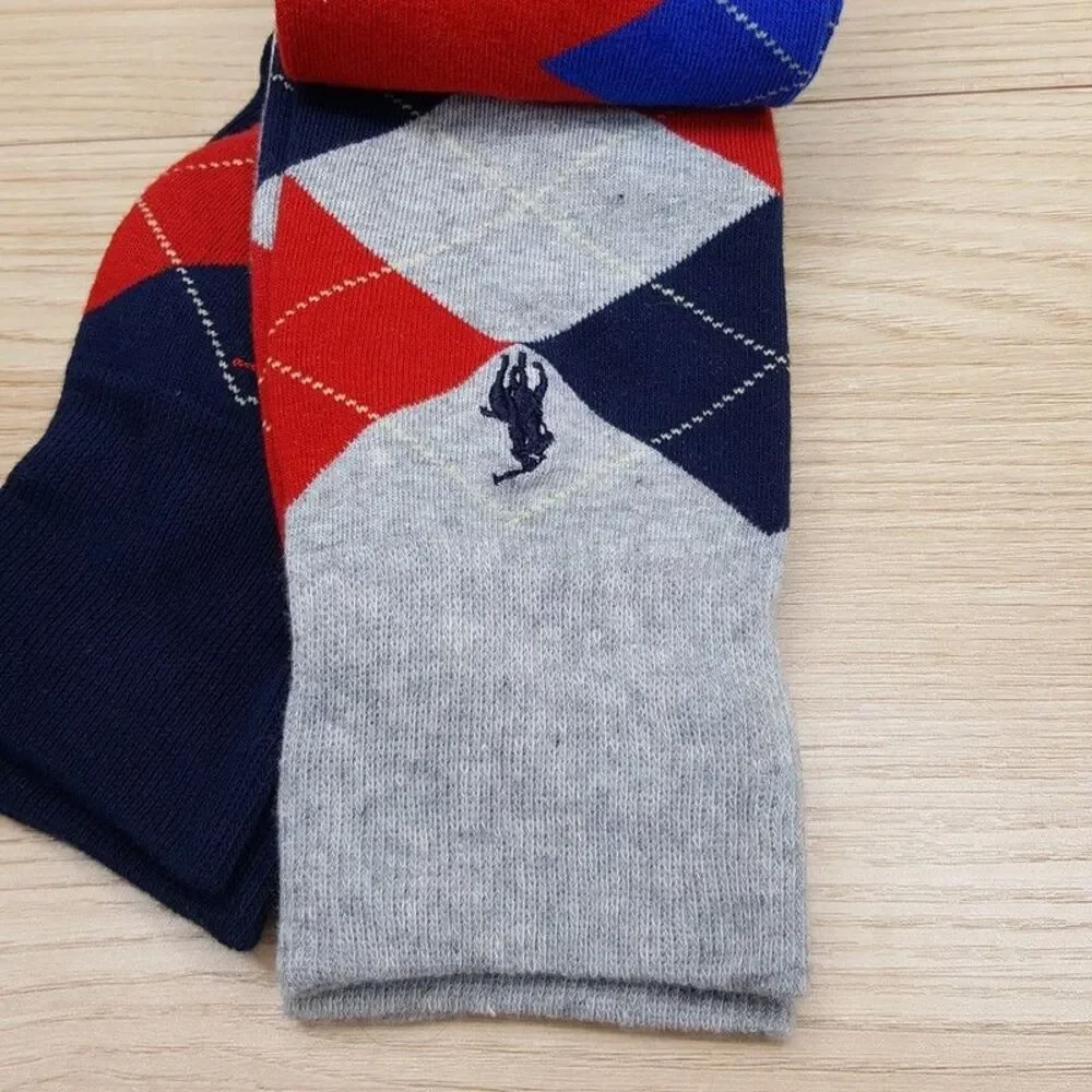 POLO RALPH LAUREN Crew Dress Socks Mens Blue Red Grey Argyle 3-Pack Cotton Blend